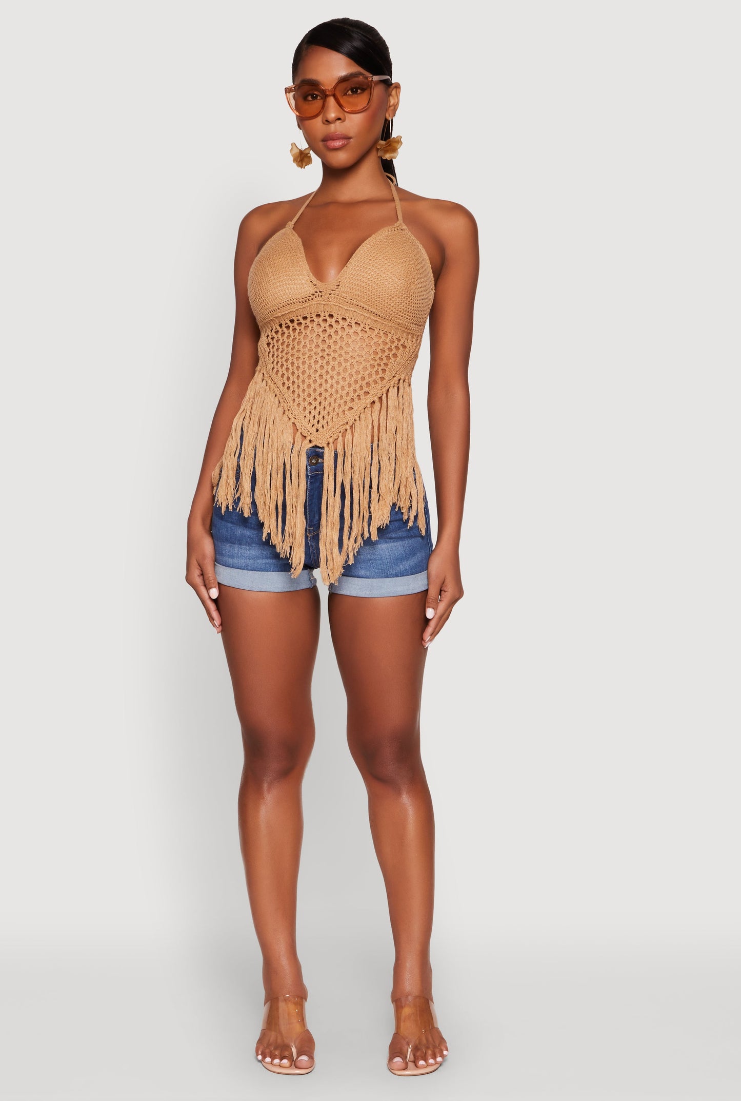 Tie Back Crochet Fringe Halter Top