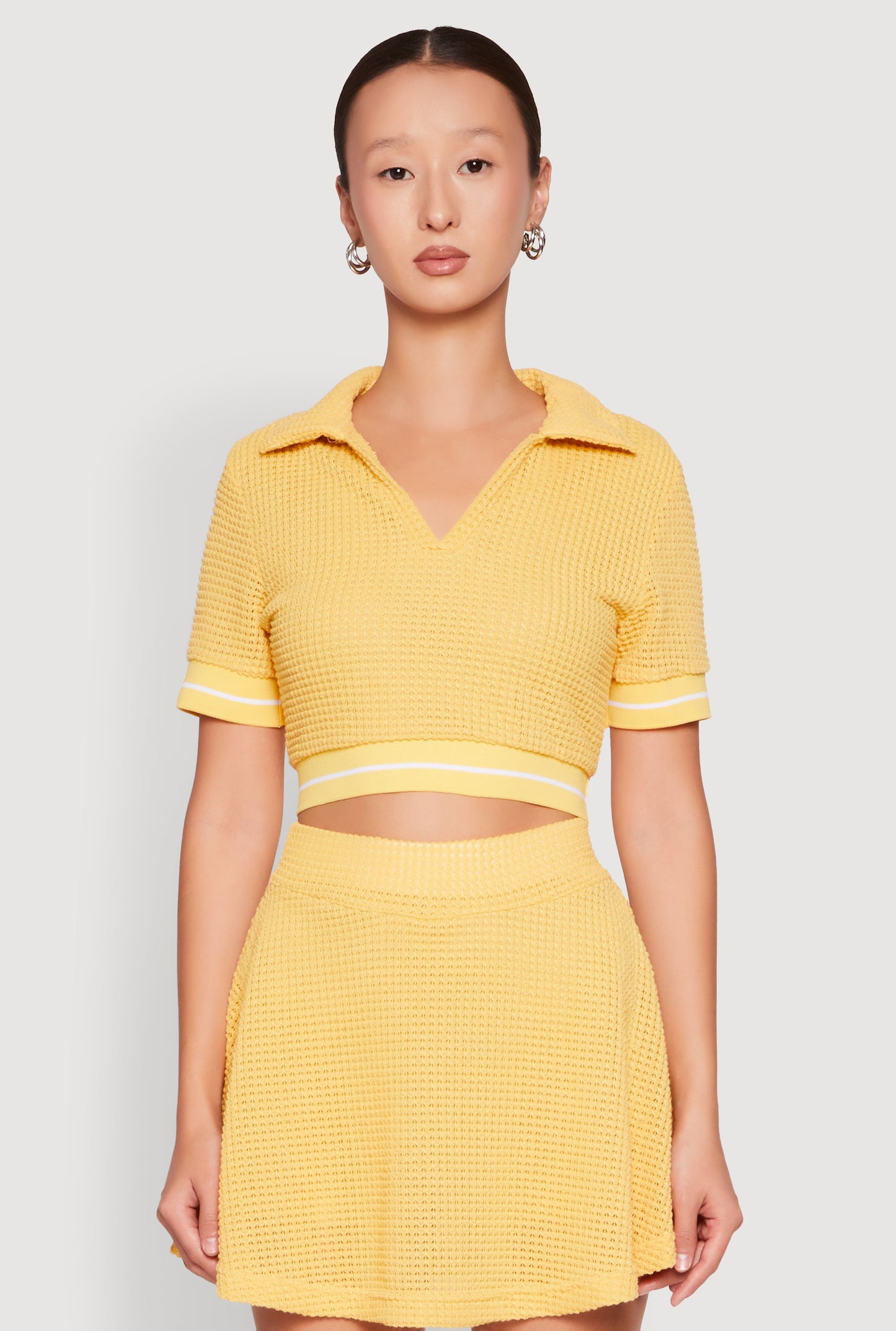 Textured Knit Johnny Collar Crop Top