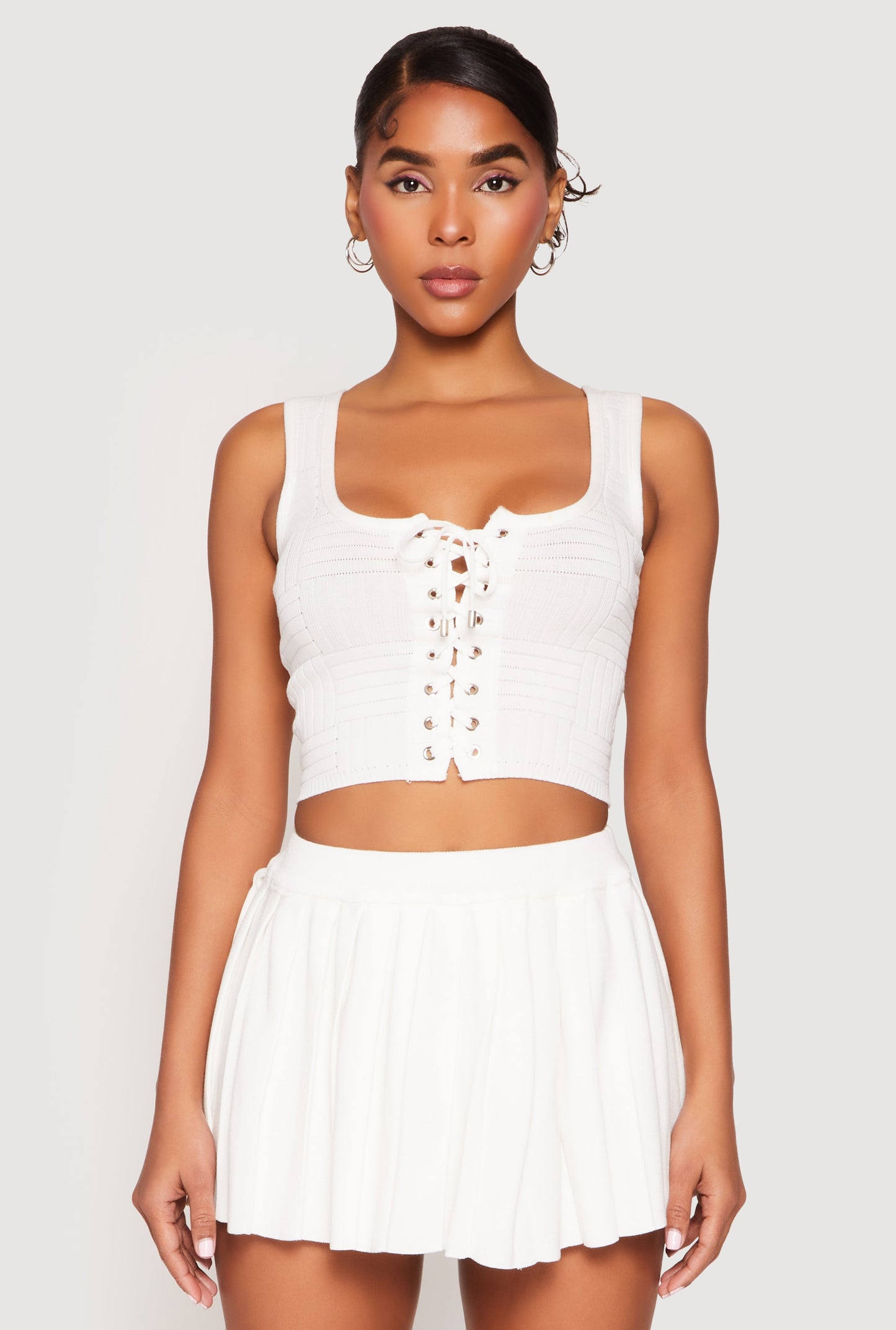 Textured Knit Pointelle Lace Up Crop Top