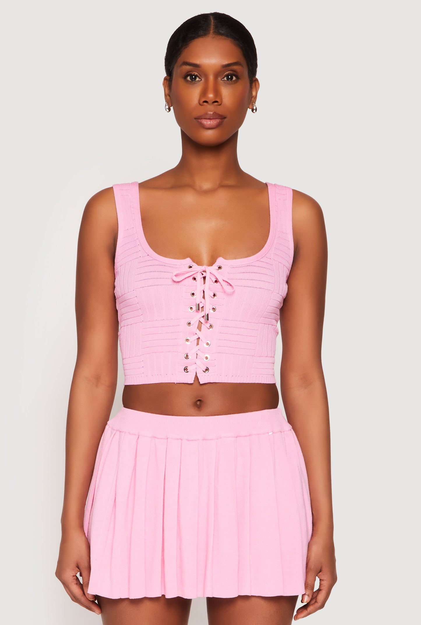 Textured Knit Pointelle Lace Up Crop Top