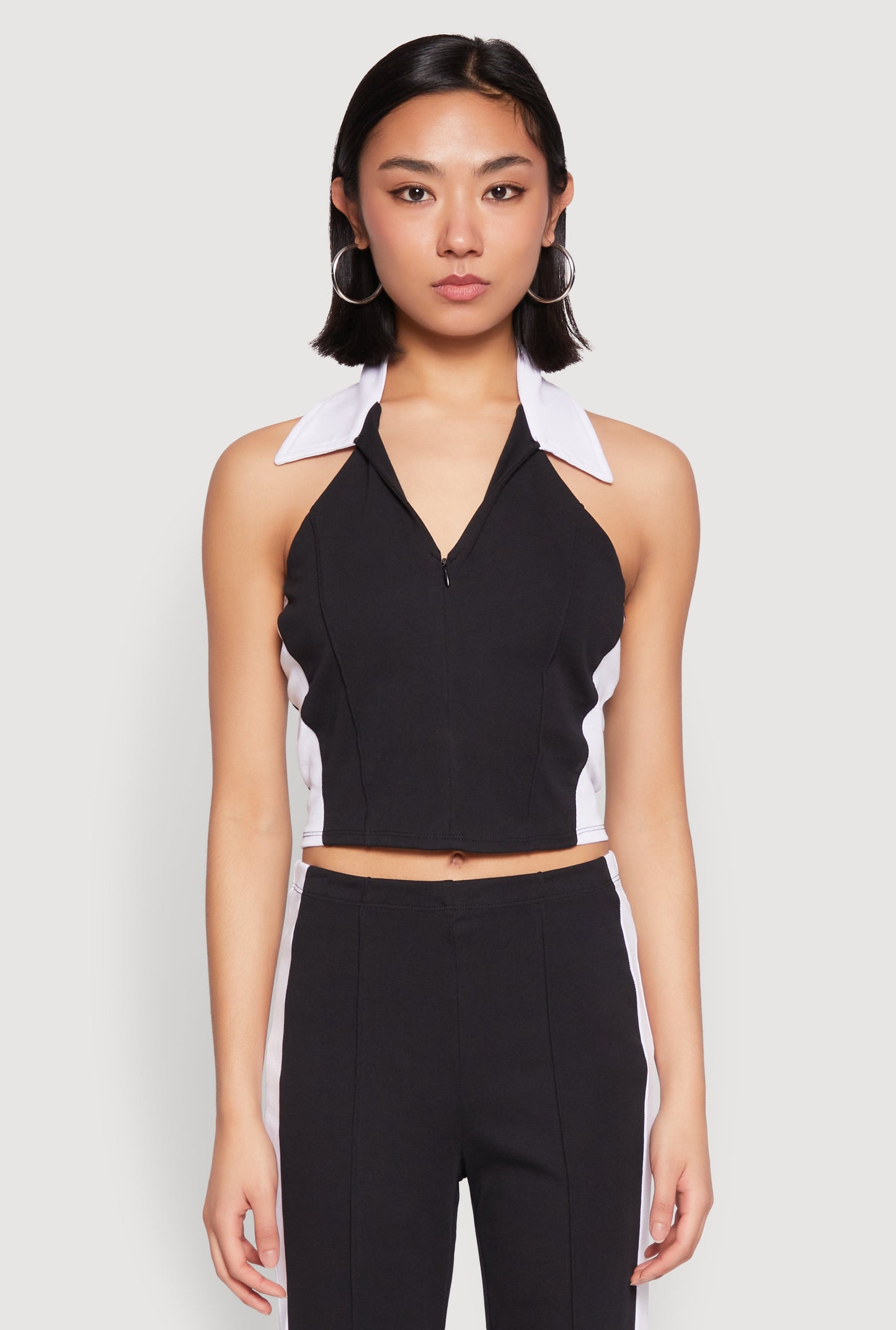 Color Blocked Collared Halter Crop Top