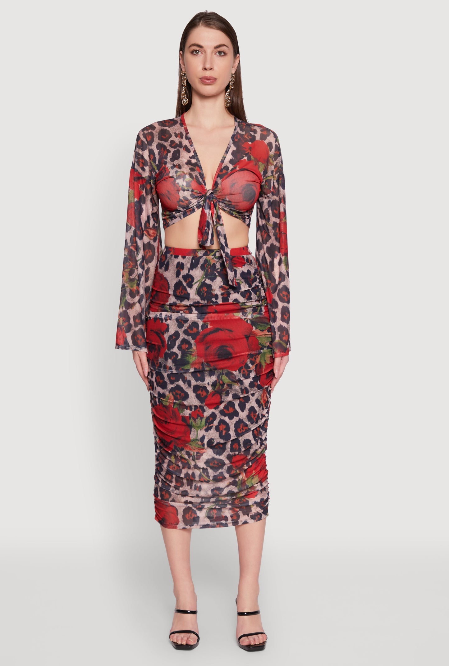 Mesh Jaguar Rose Print Tie Front Crop Top