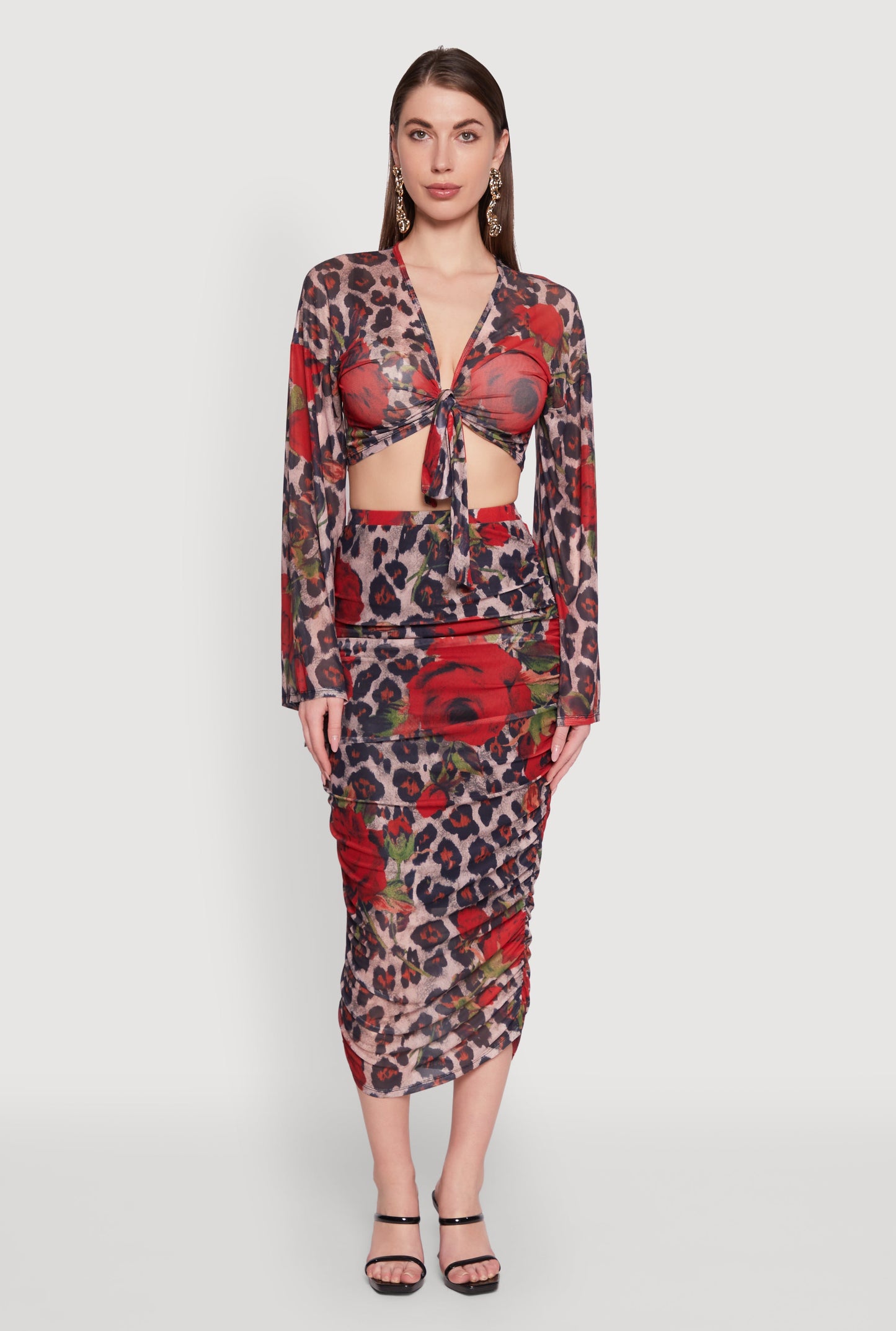 Mesh Jaguar Rose Print Tie Front Crop Top