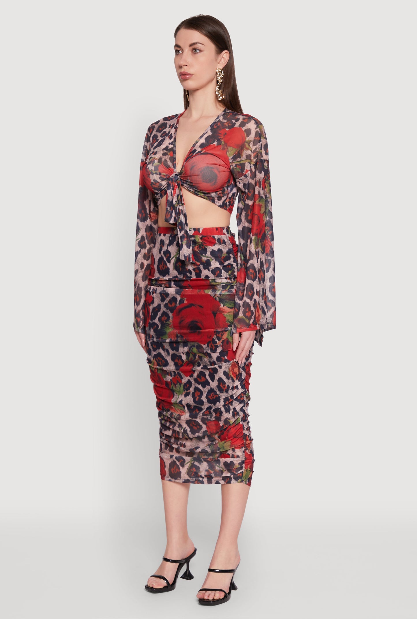 Mesh Jaguar Rose Print Tie Front Crop Top