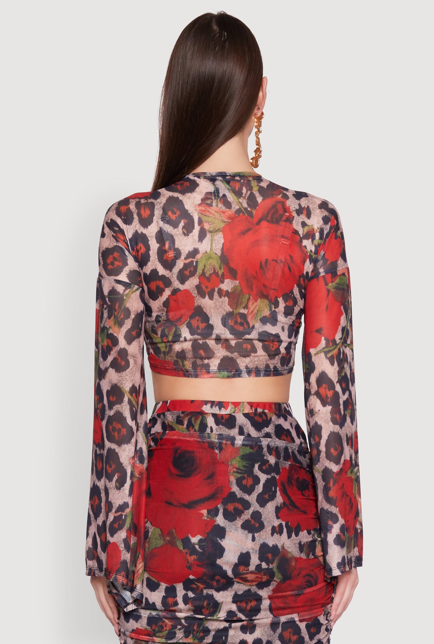 Mesh Jaguar Rose Print Tie Front Crop Top