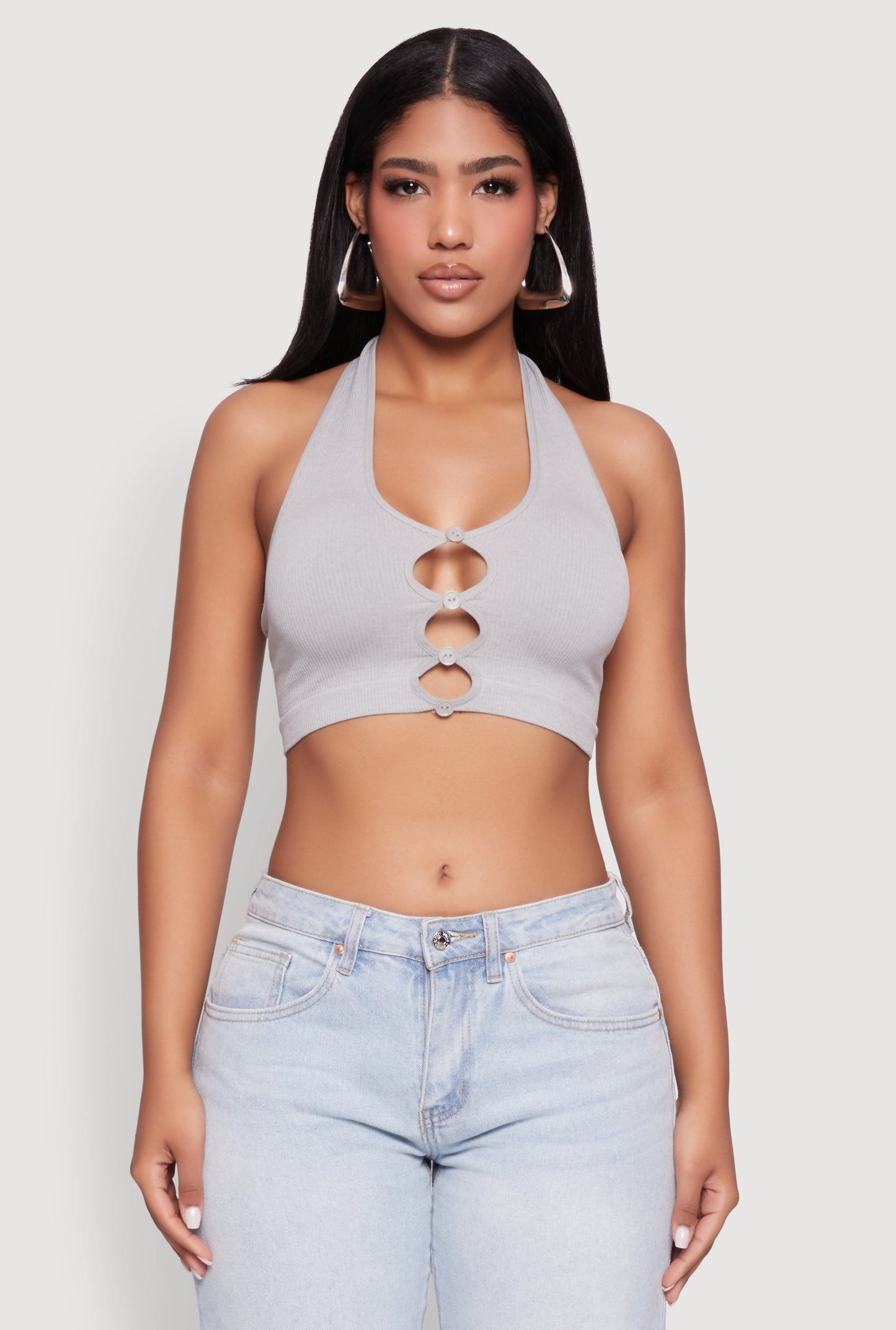 Button Front Cut Out Halter Neck Crop Top