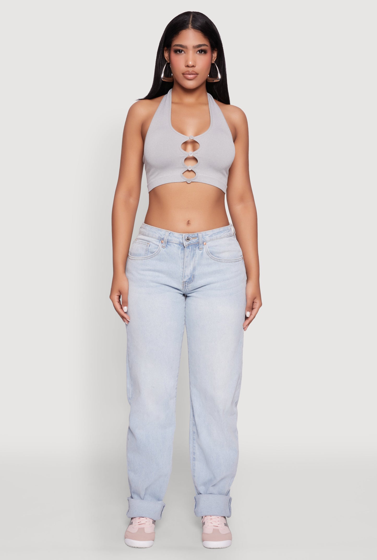Button Front Cut Out Halter Neck Crop Top