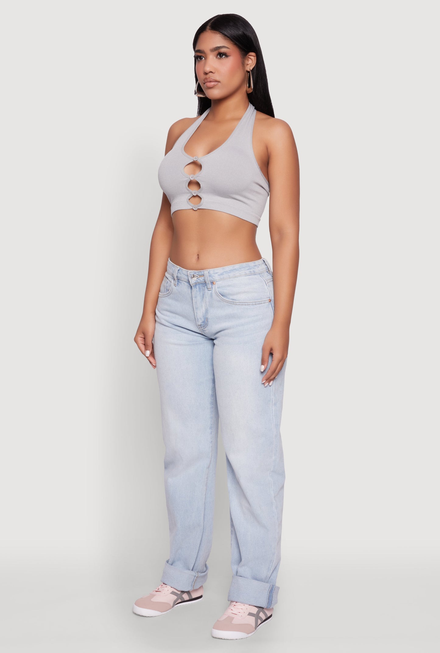 Button Front Cut Out Halter Neck Crop Top