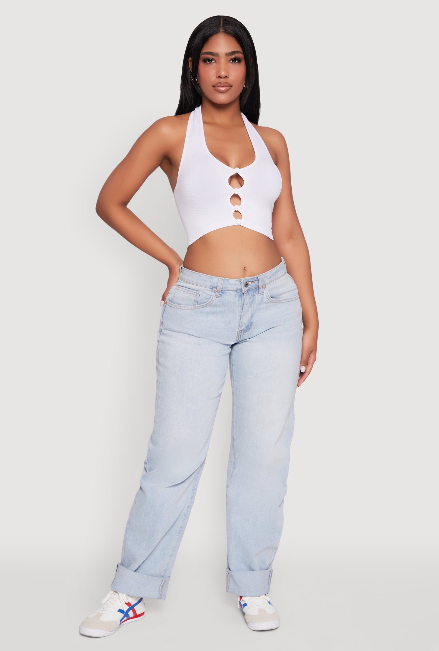 Button Front Cut Out Halter Neck Crop Top