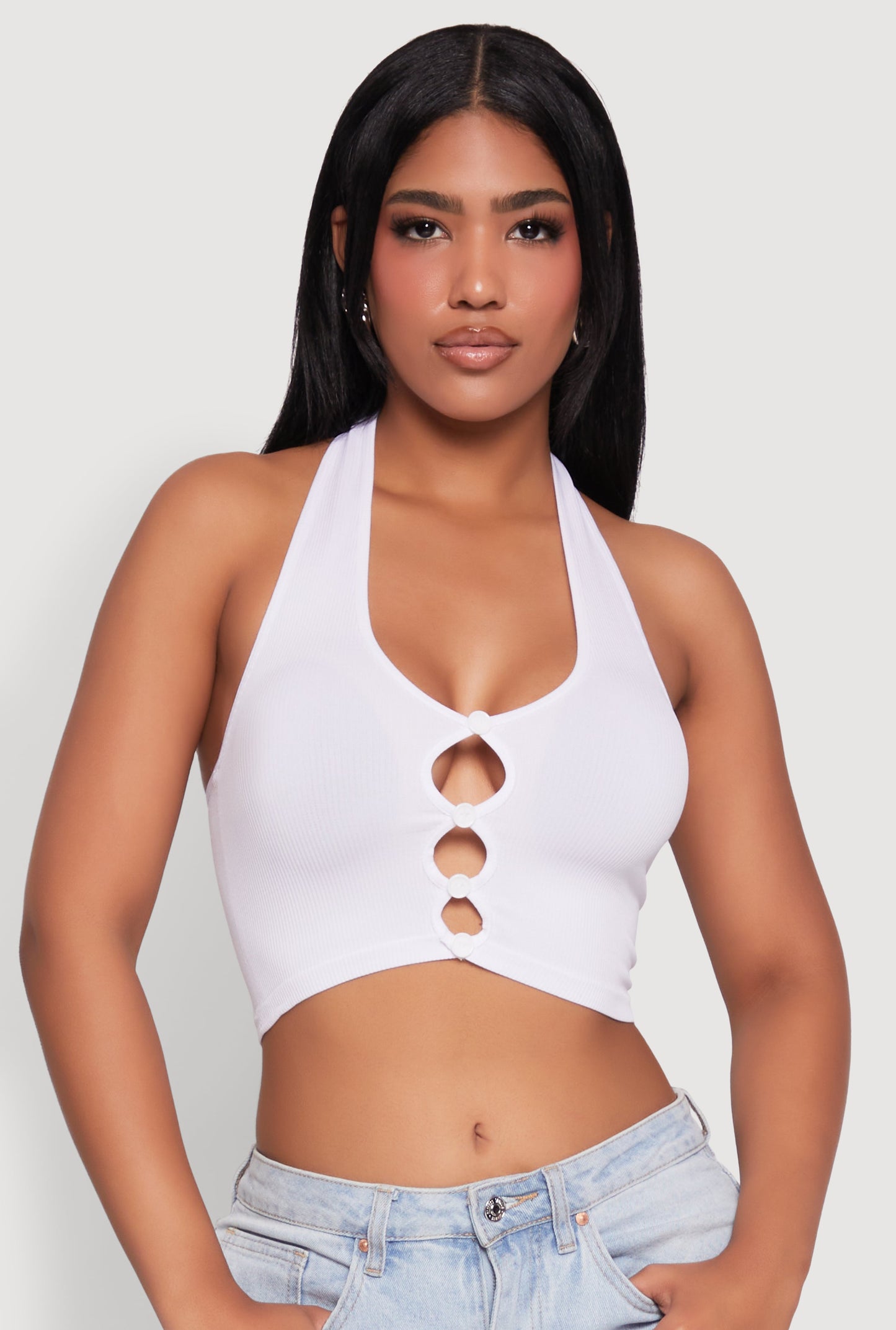 Button Front Cut Out Halter Neck Crop Top