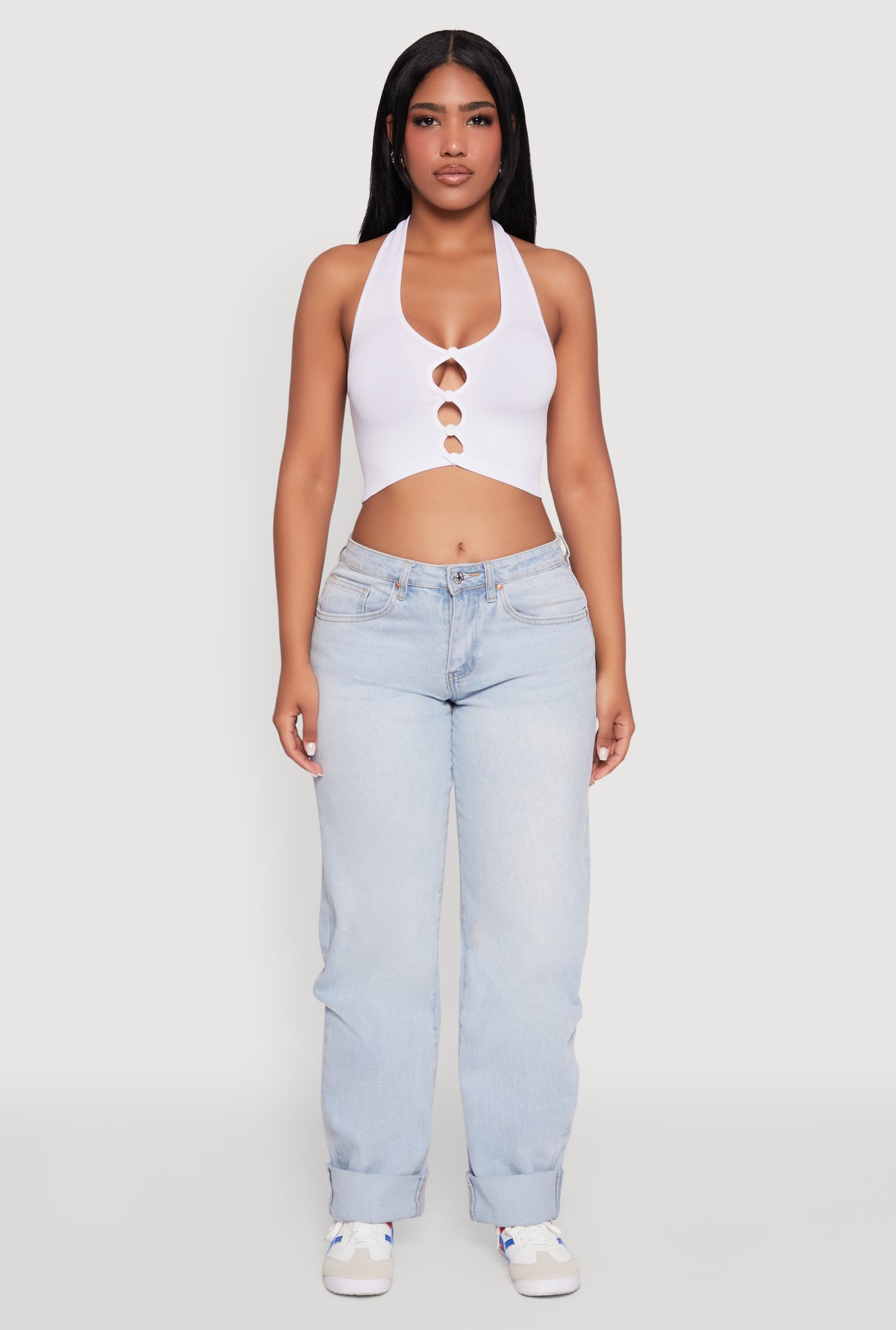 Button Front Cut Out Halter Neck Crop Top