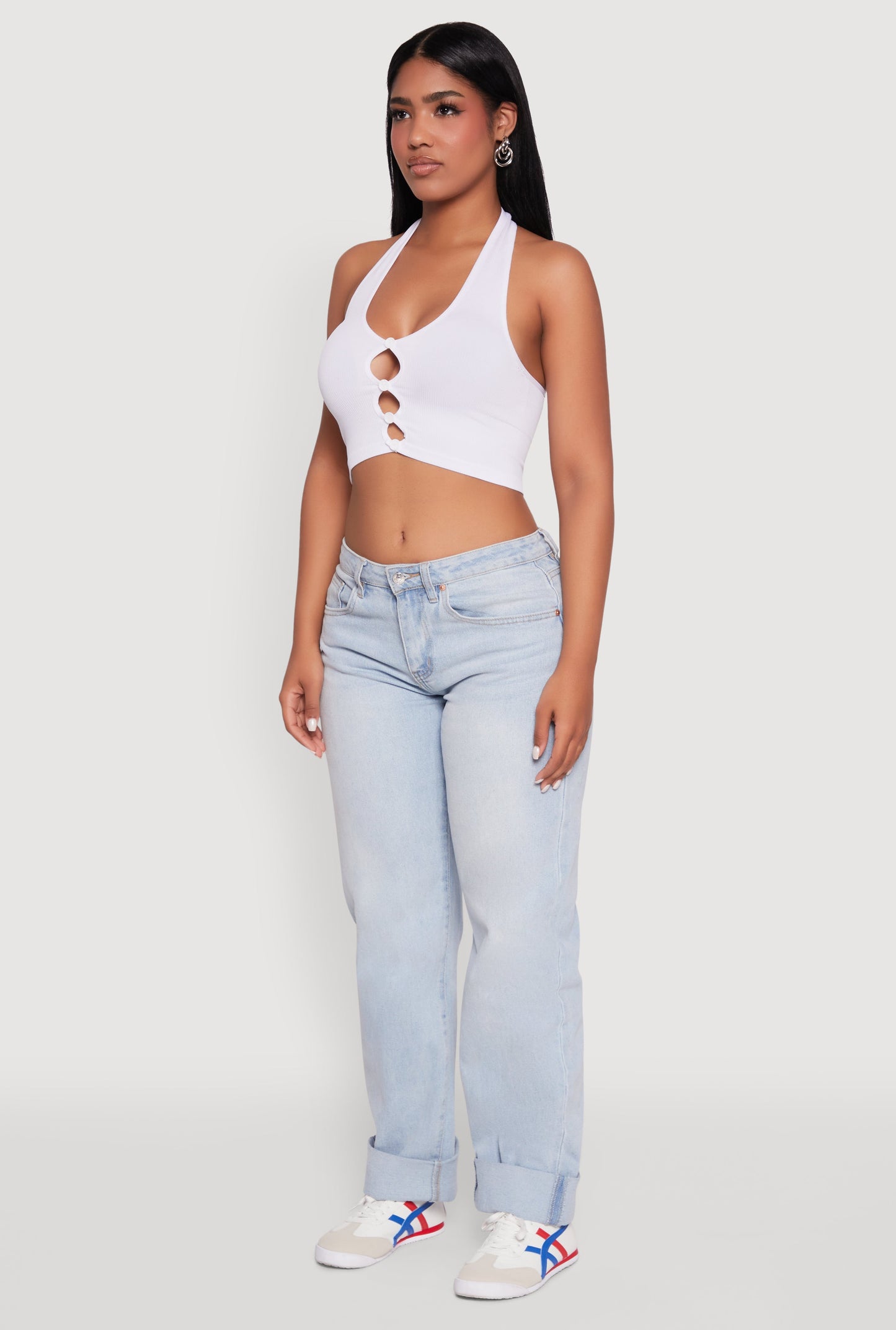 Button Front Cut Out Halter Neck Crop Top