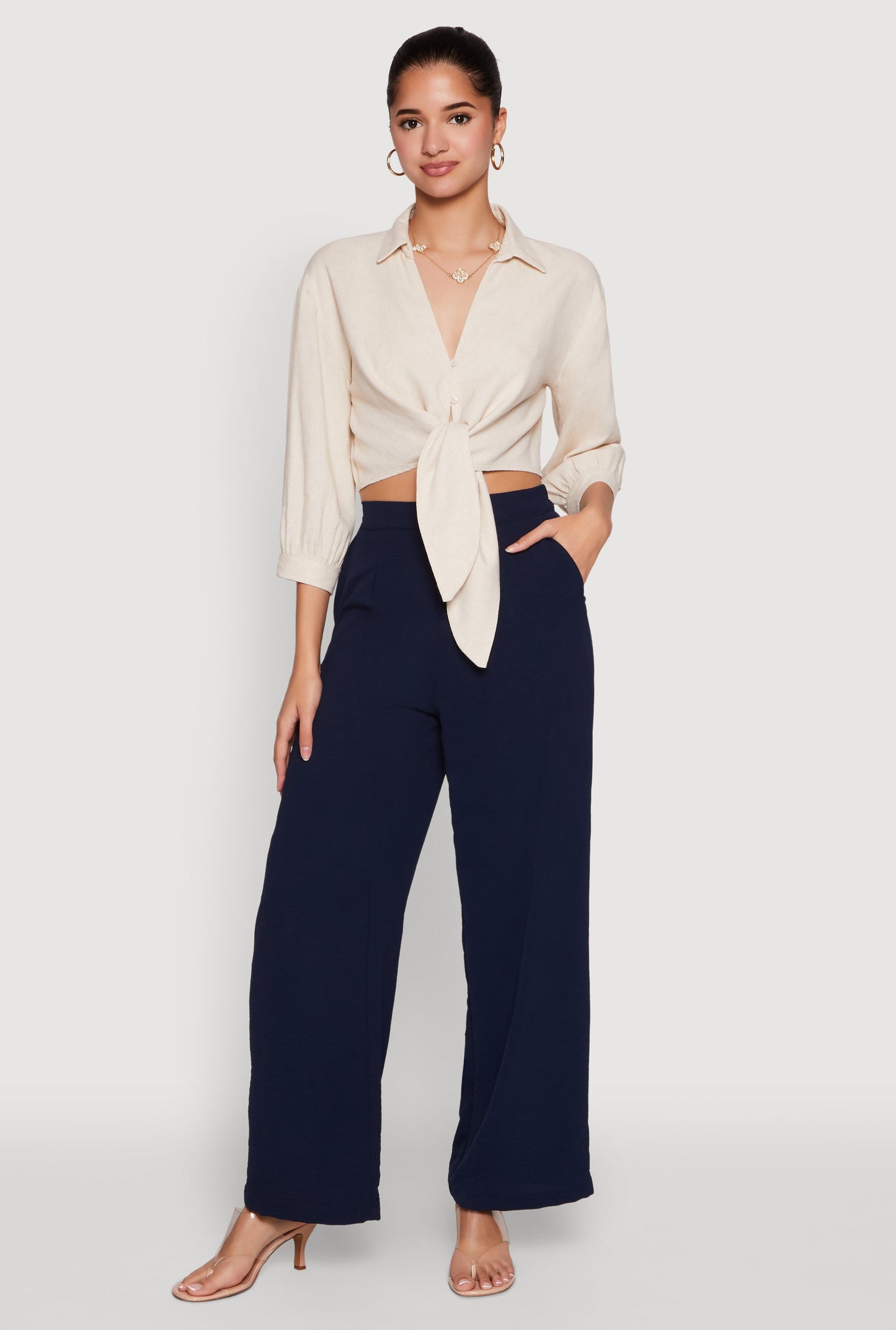 Haute Monde Linen Tie Front Crop Top