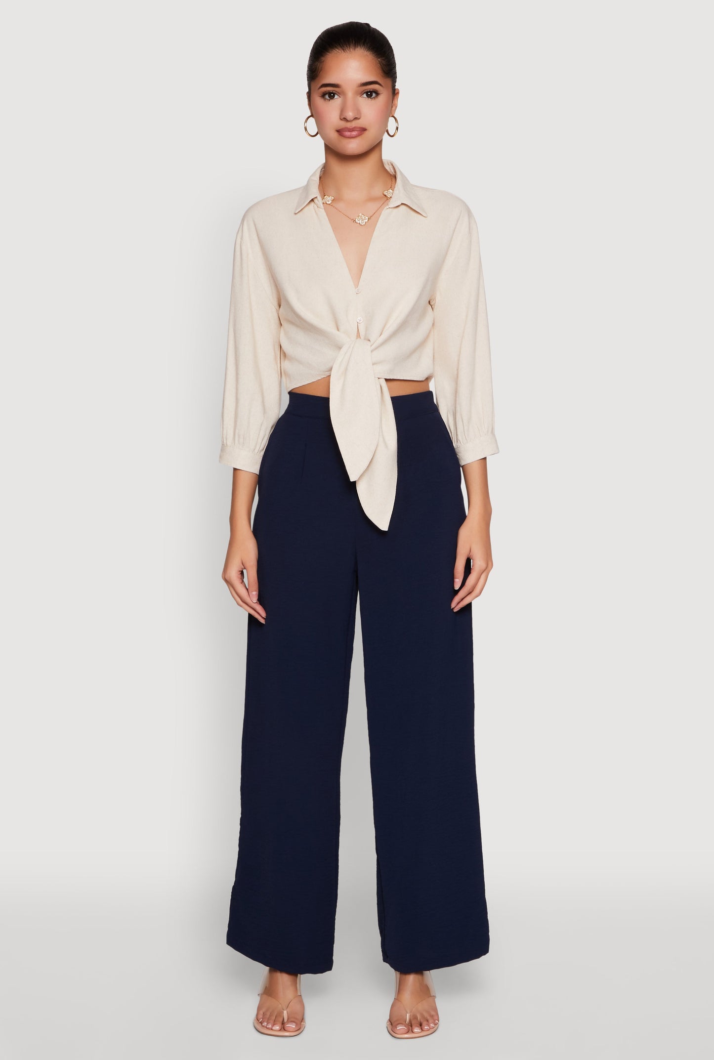 Haute Monde Linen Tie Front Crop Top
