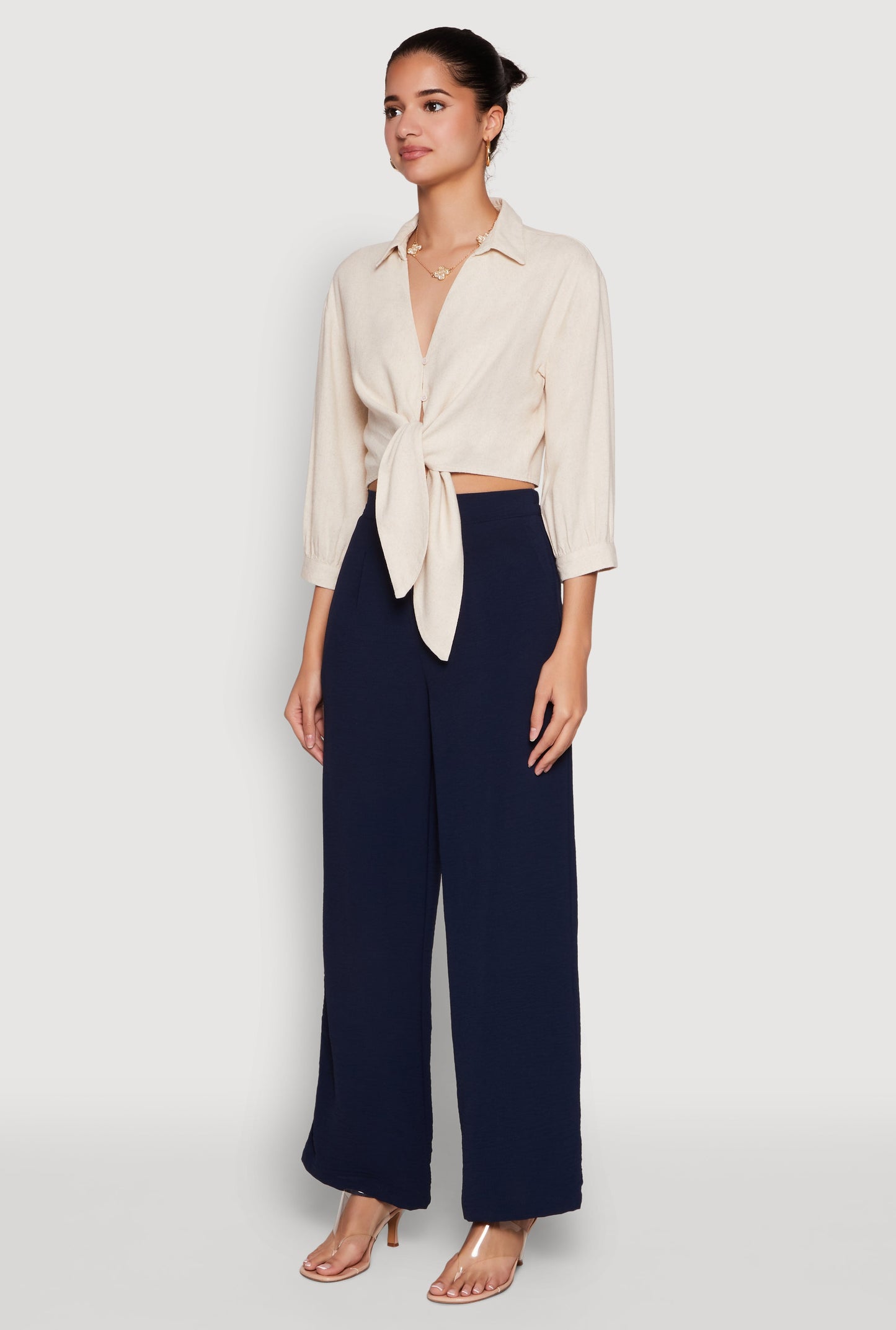 Haute Monde Linen Tie Front Crop Top