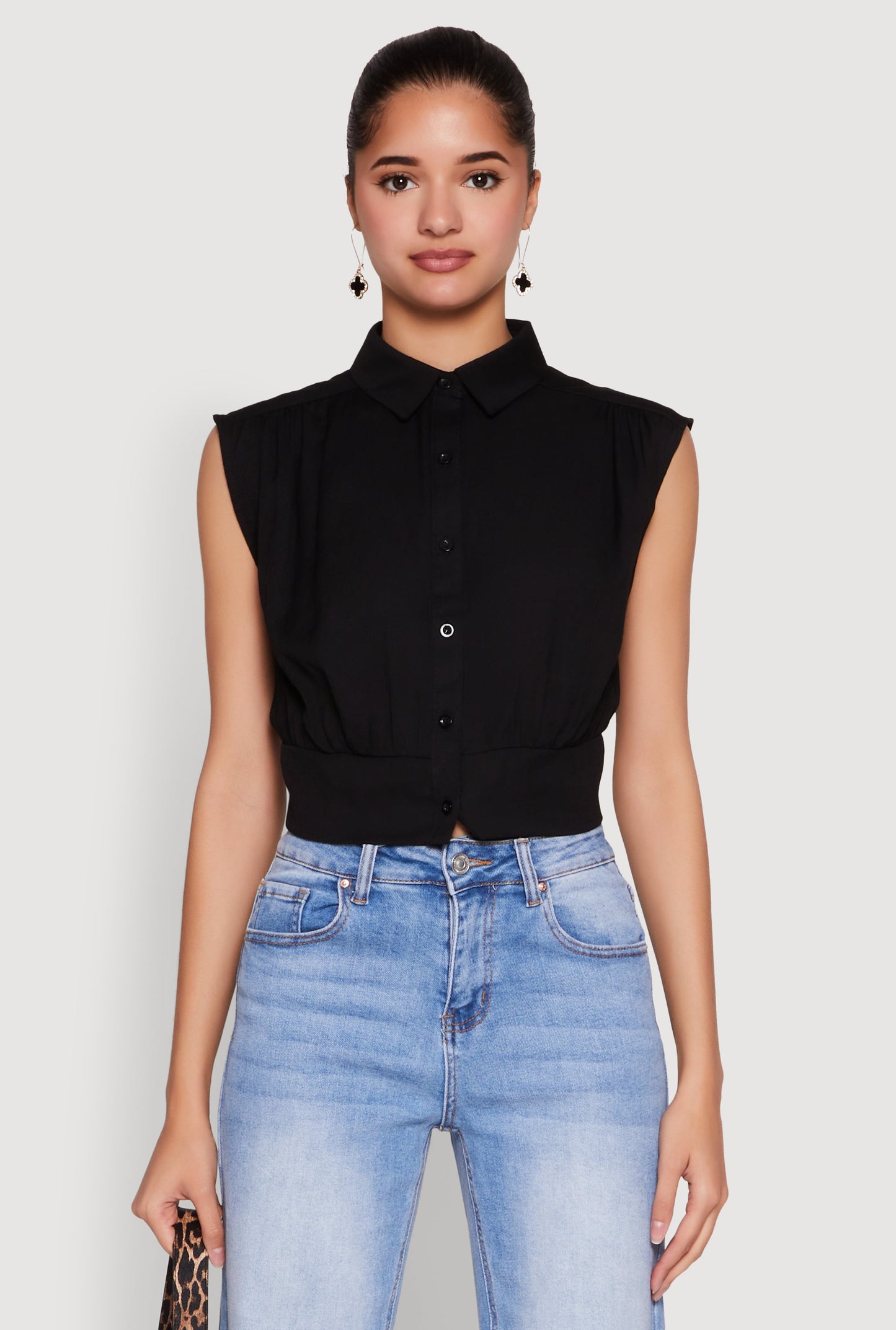 Sleeveless Cropped Button Front Shirt