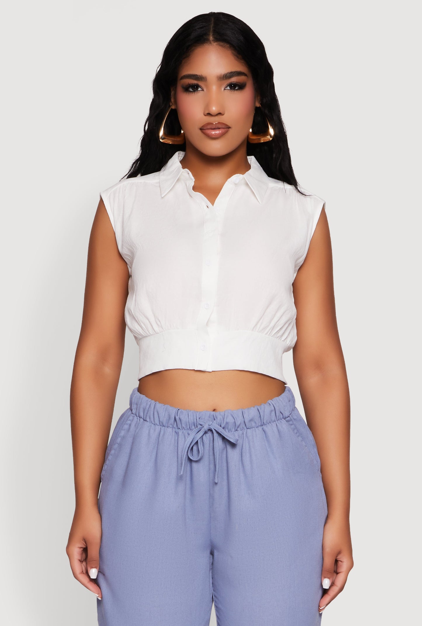 Sleeveless Cropped Button Front Shirt