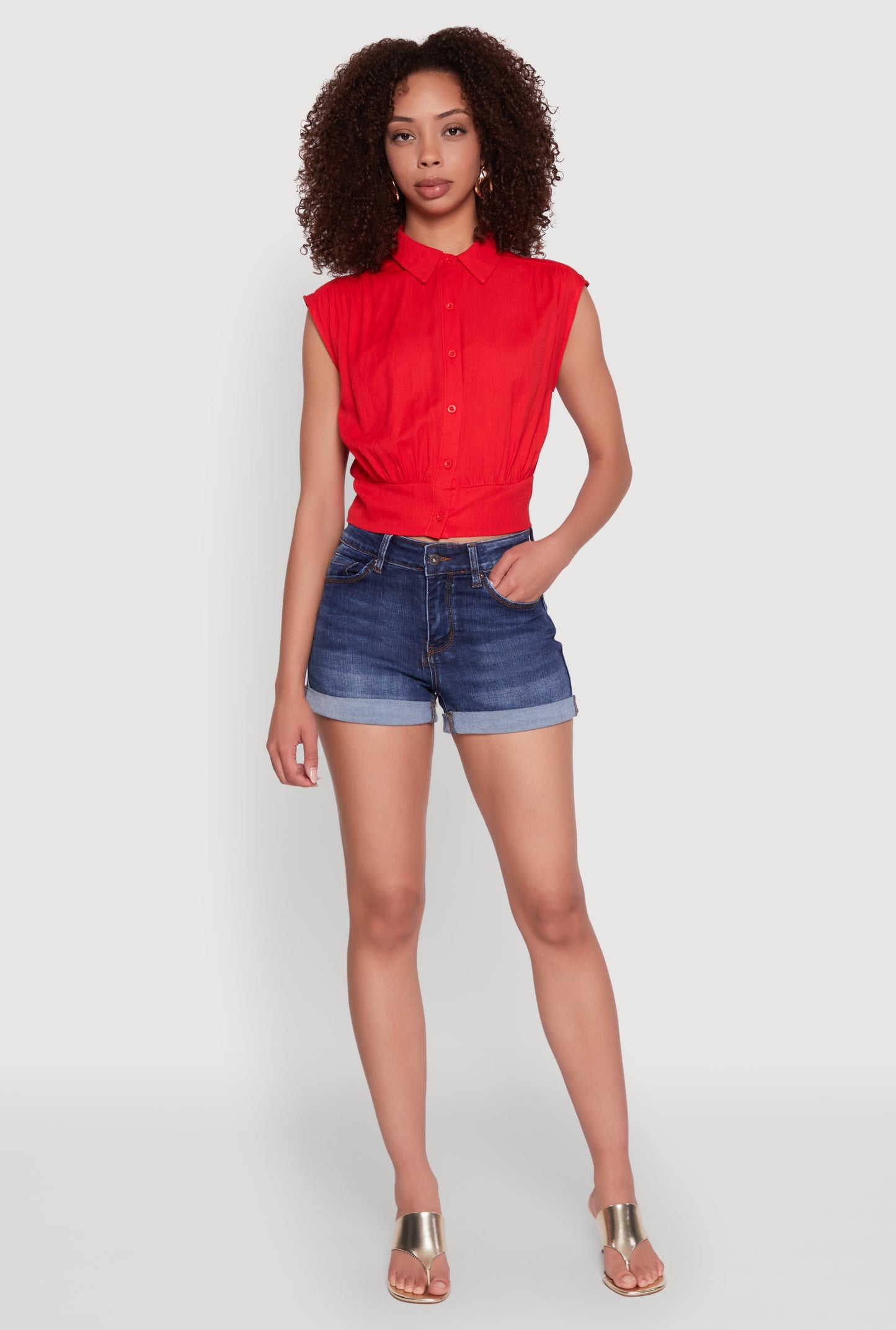 Sleeveless Cropped Button Front Shirt