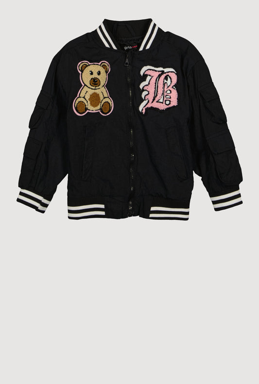 Little Girls Chenille Bear Graphic Bomber Jacket