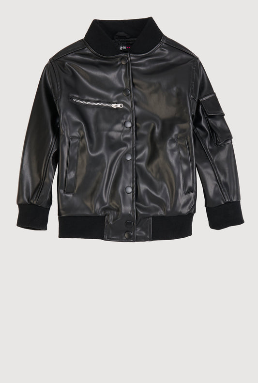 Little Girls Zip Pocket Faux Leather Bomber Jacket