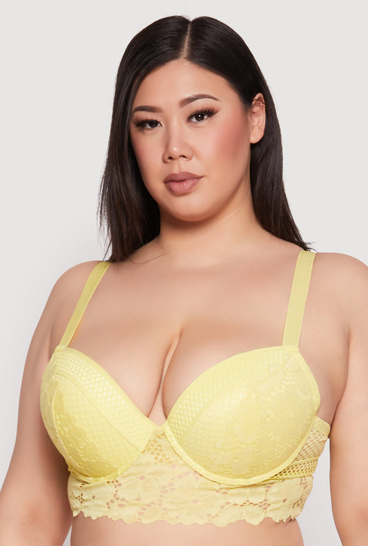 Plus Size Floral Lace Plunge Longline Bra