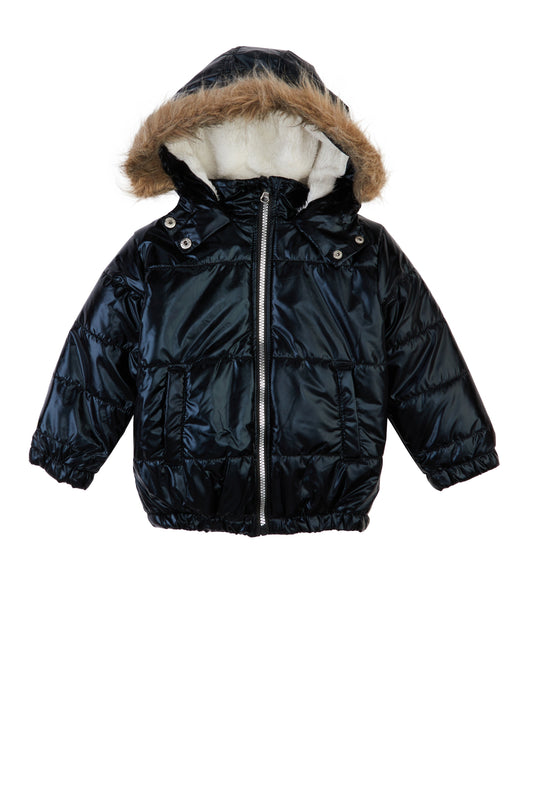 Little Girls Metallic Faux Fur Trim Puffer Jacket