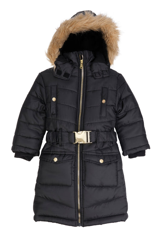 Little Girls Hooded Belted Long Puffer Jacket